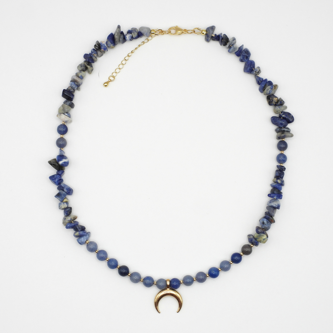 Blue Aventurine & Sodalite Chip Necklace with Gold Crescent Moon