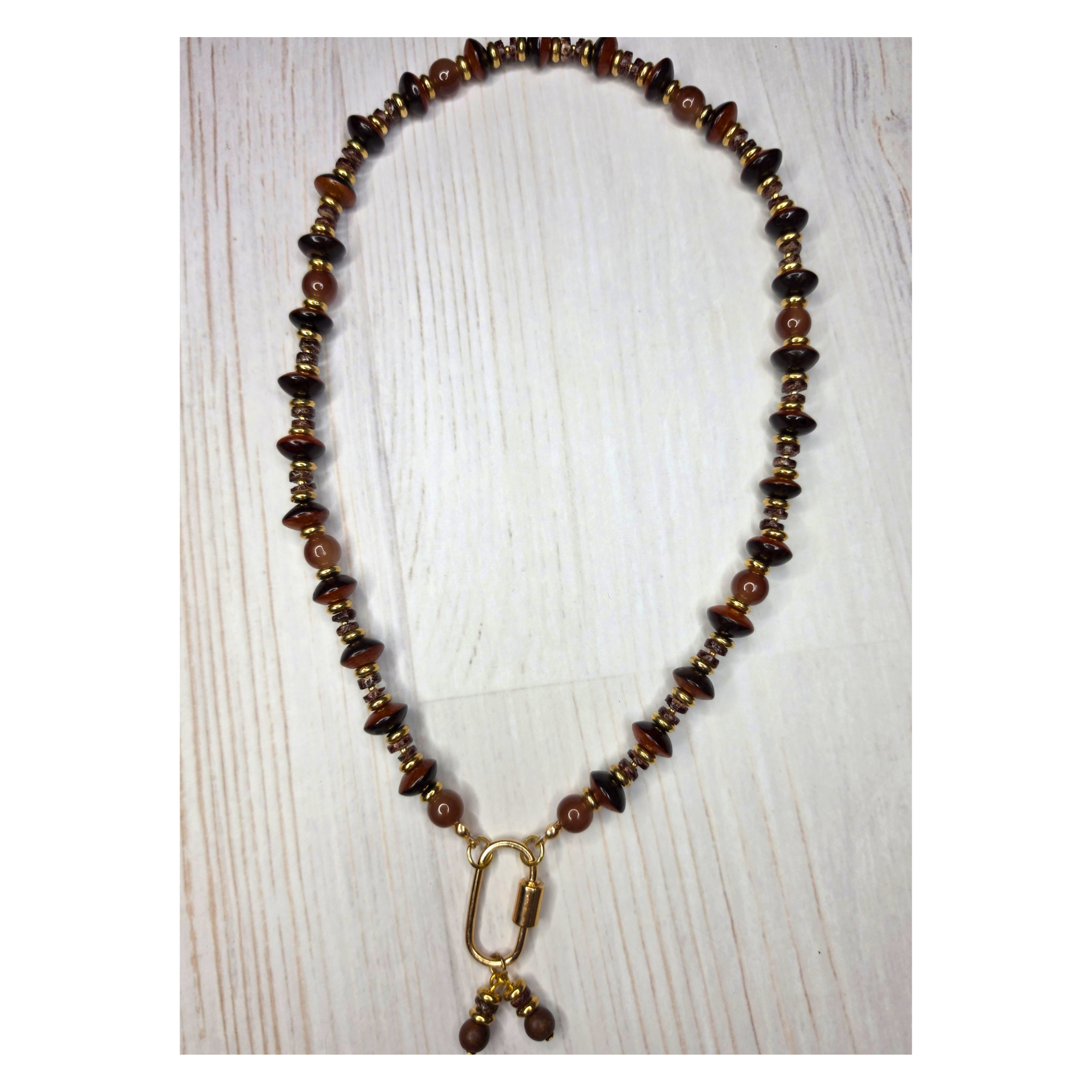 Natural Wood Bicone, Brown Glass & Heishi Shell Necklace