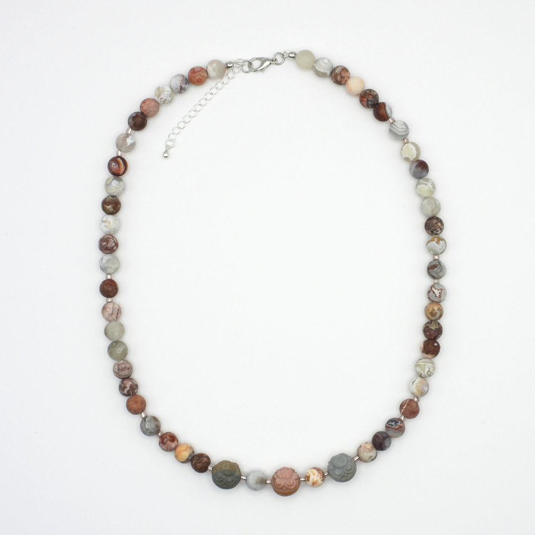 Matte Rosetta Lace Agate & Carved Alashan Agate Necklace