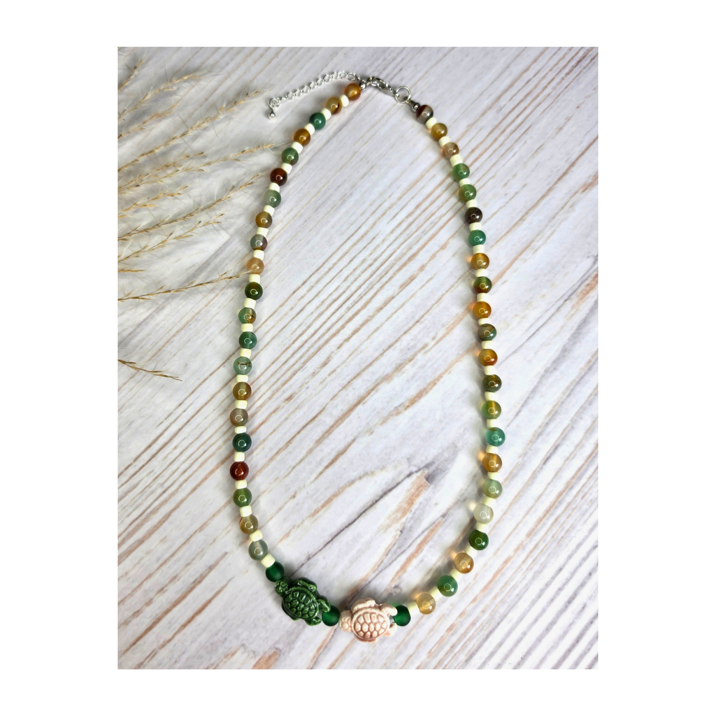 Peacock Agate & Green Glass Beaded Necklace with Ceramic Turtle Focal