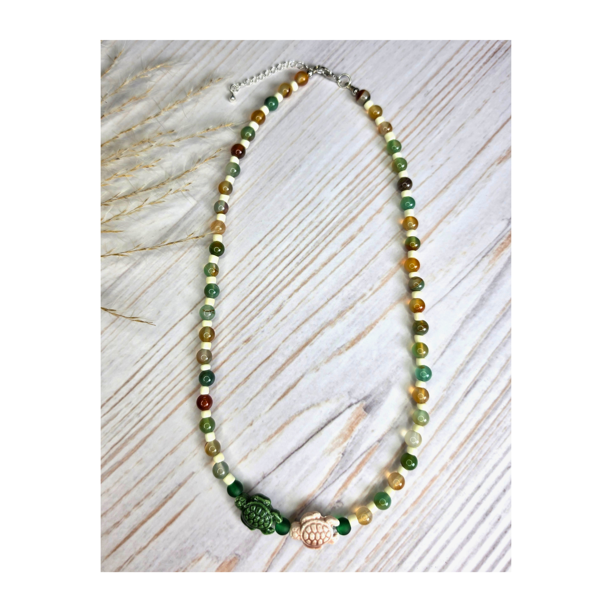 Peacock Agate & Green Glass Beaded Necklace with Ceramic Turtle Focal
