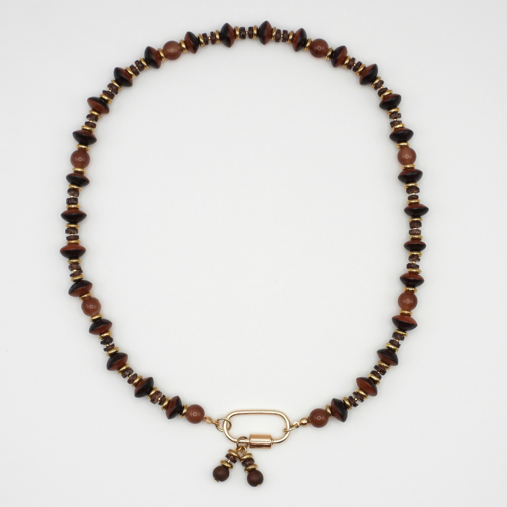 Natural Wood Bicone, Brown Glass & Heishi Shell Necklace