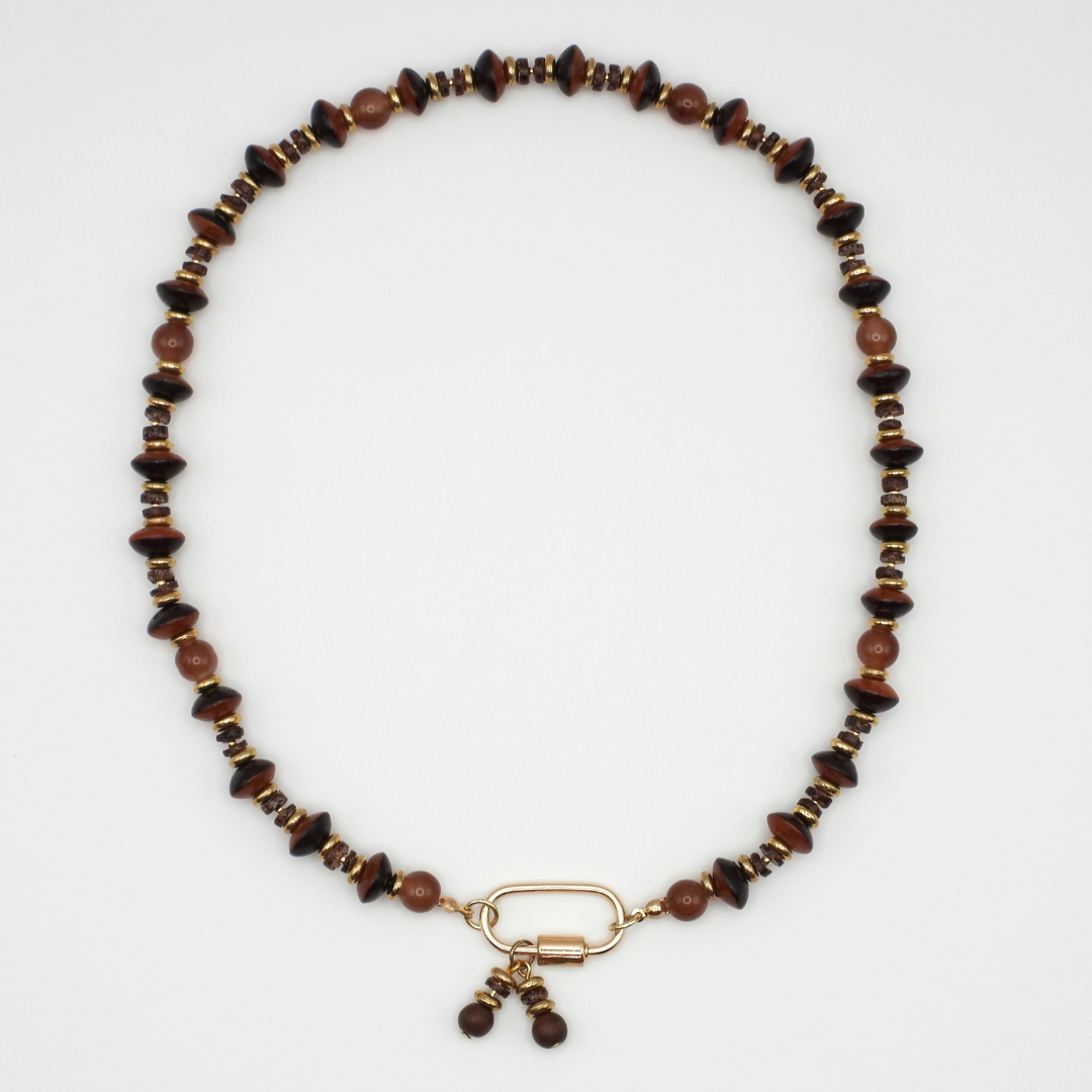Natural Wood Bicone, Brown Glass & Heishi Shell Necklace