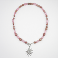 Pink Cat's Eye Twist & Rhodonite Necklace with Sun Charm