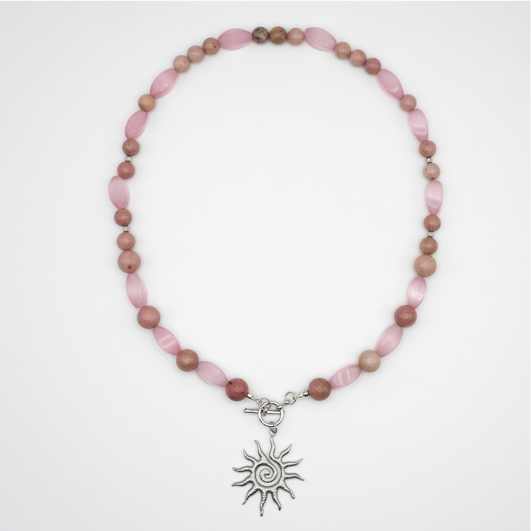 Pink Cat's Eye Twist & Rhodonite Necklace with Sun Charm