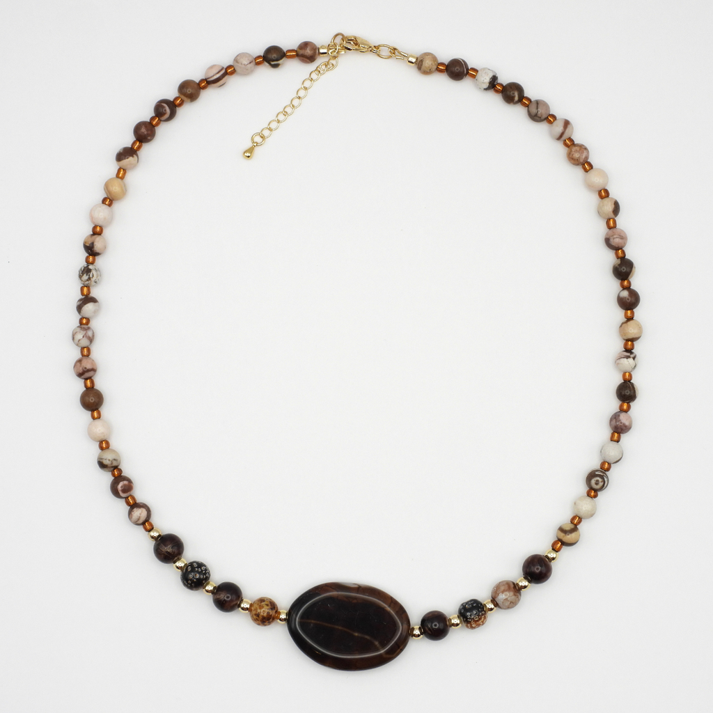 Australian Zebra Jasper & Brown Glass Beads with Brown Agate Focal Necklace