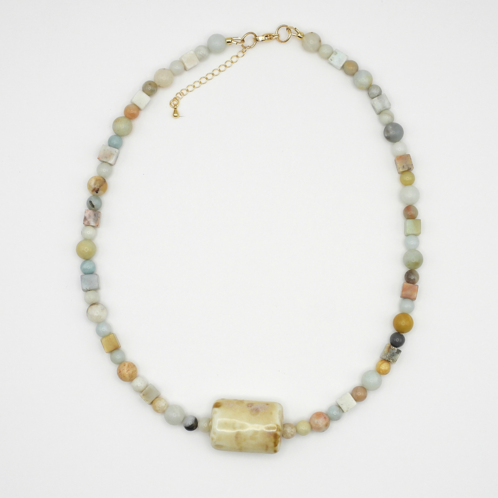 Amazonite Round & Cube Beaded Necklace with Ceramic Rectangle Puff Focal