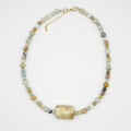 Amazonite Round & Cube Beaded Necklace with Ceramic Rectangle Puff Focal