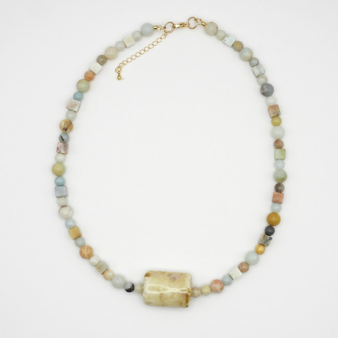 Amazonite Round & Cube Beaded Necklace with Ceramic Rectangle Puff Focal