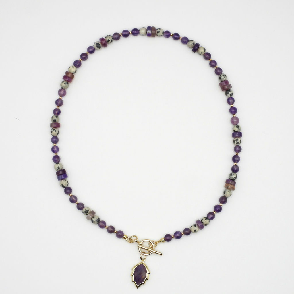 Amethyst Dalmatian Jasper & Agate Beaded Necklace with Amethyst Leaf Charm