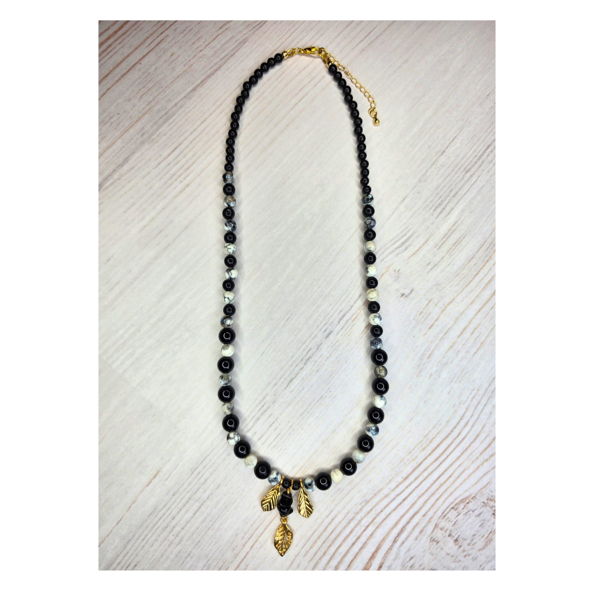 Obsidian & Map Jasper Beaded Necklace with Gold Leaf Charms