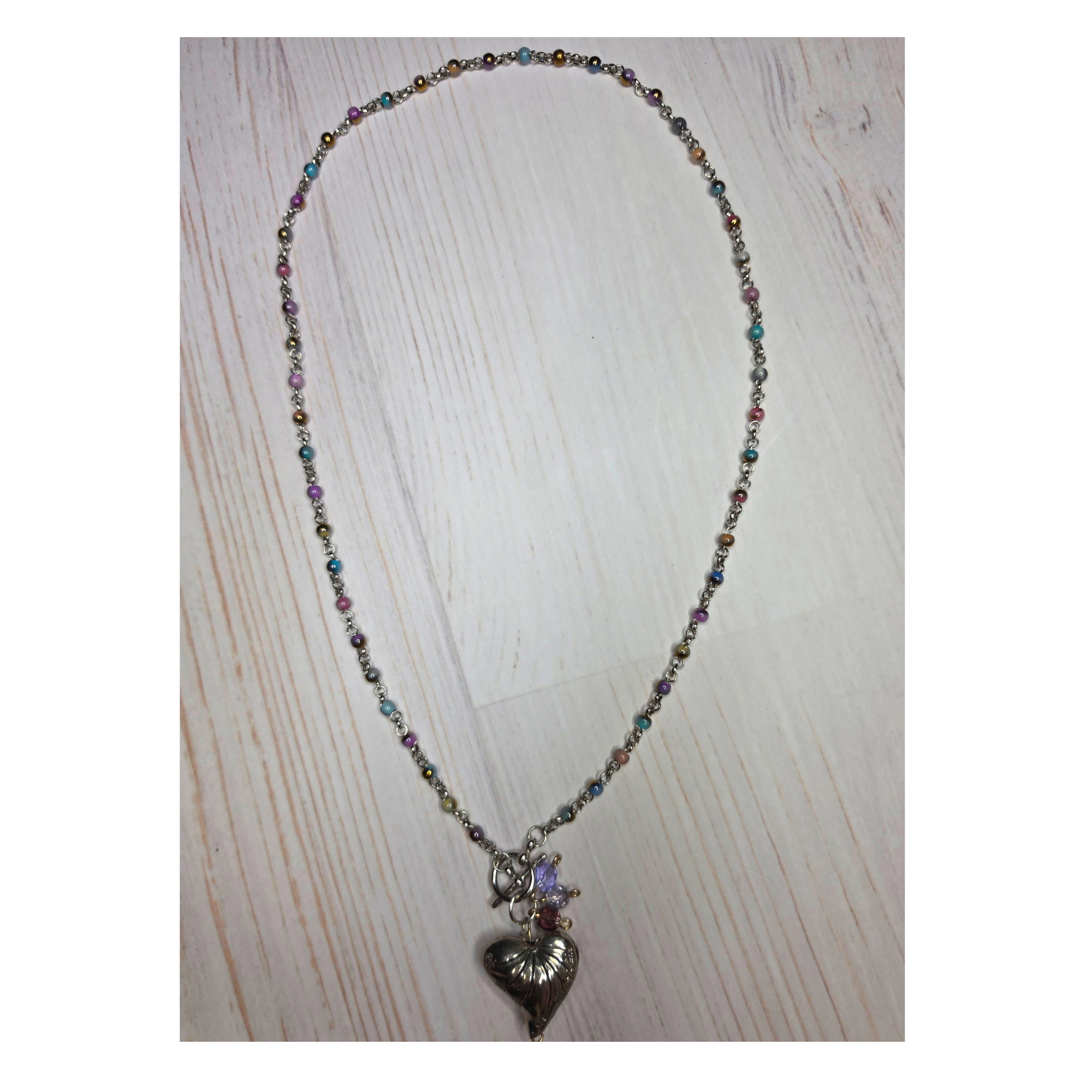 Glass Seed Bead Hand-Threaded Stainless Steel Chain Necklace