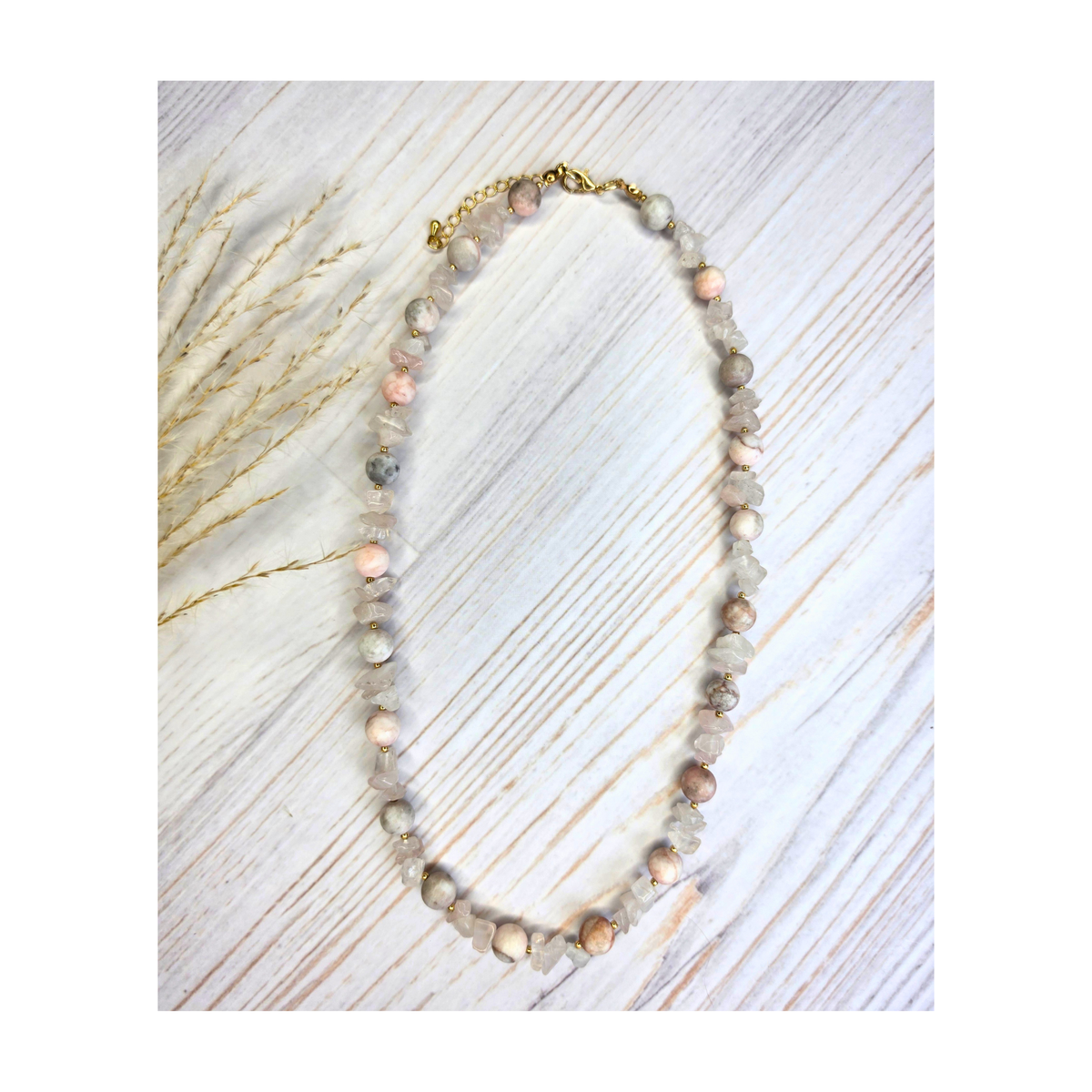 Pink Zebra Agate & Quartz Chip Beaded Necklace