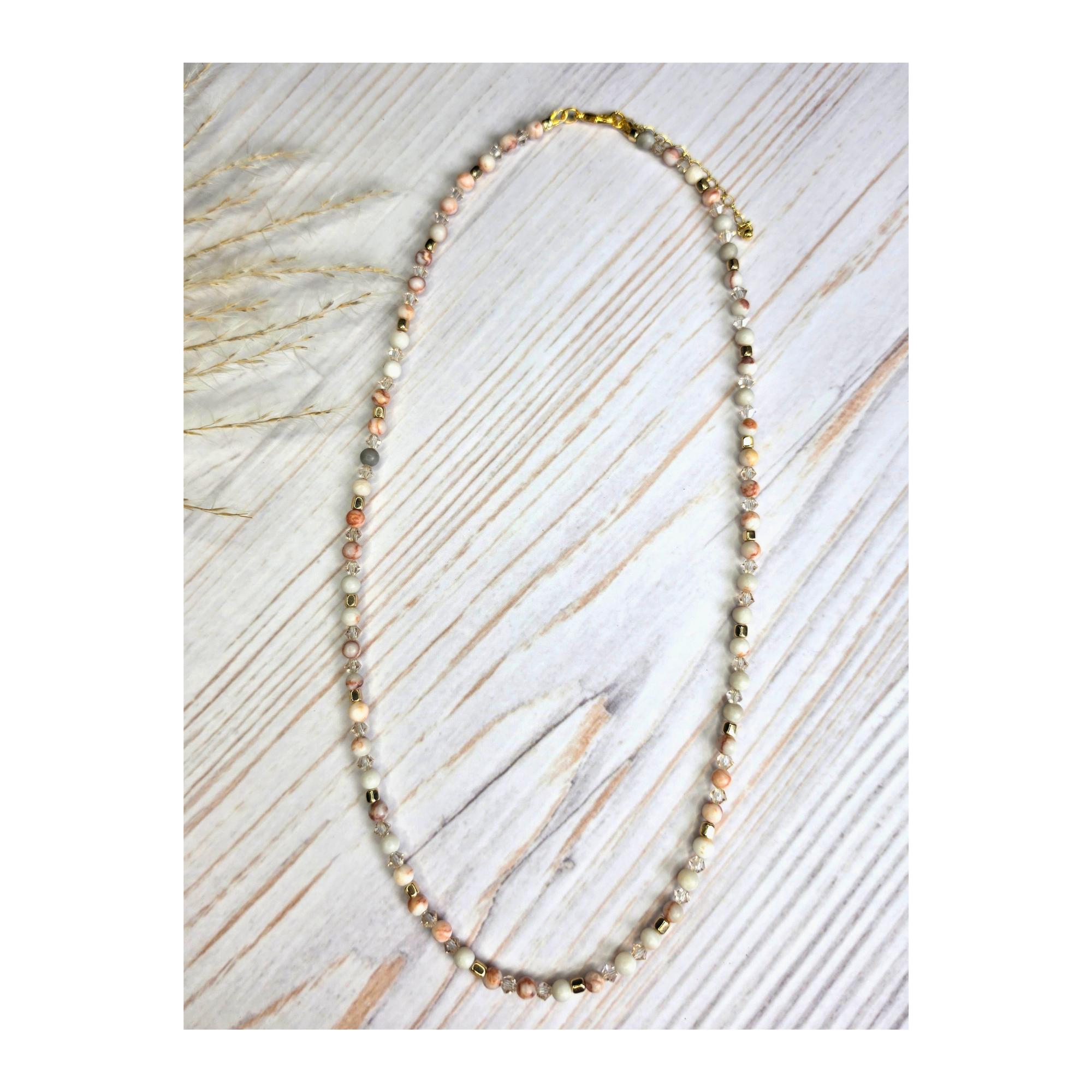 Red Network Jasper & Bicone Crystal Glass Necklace