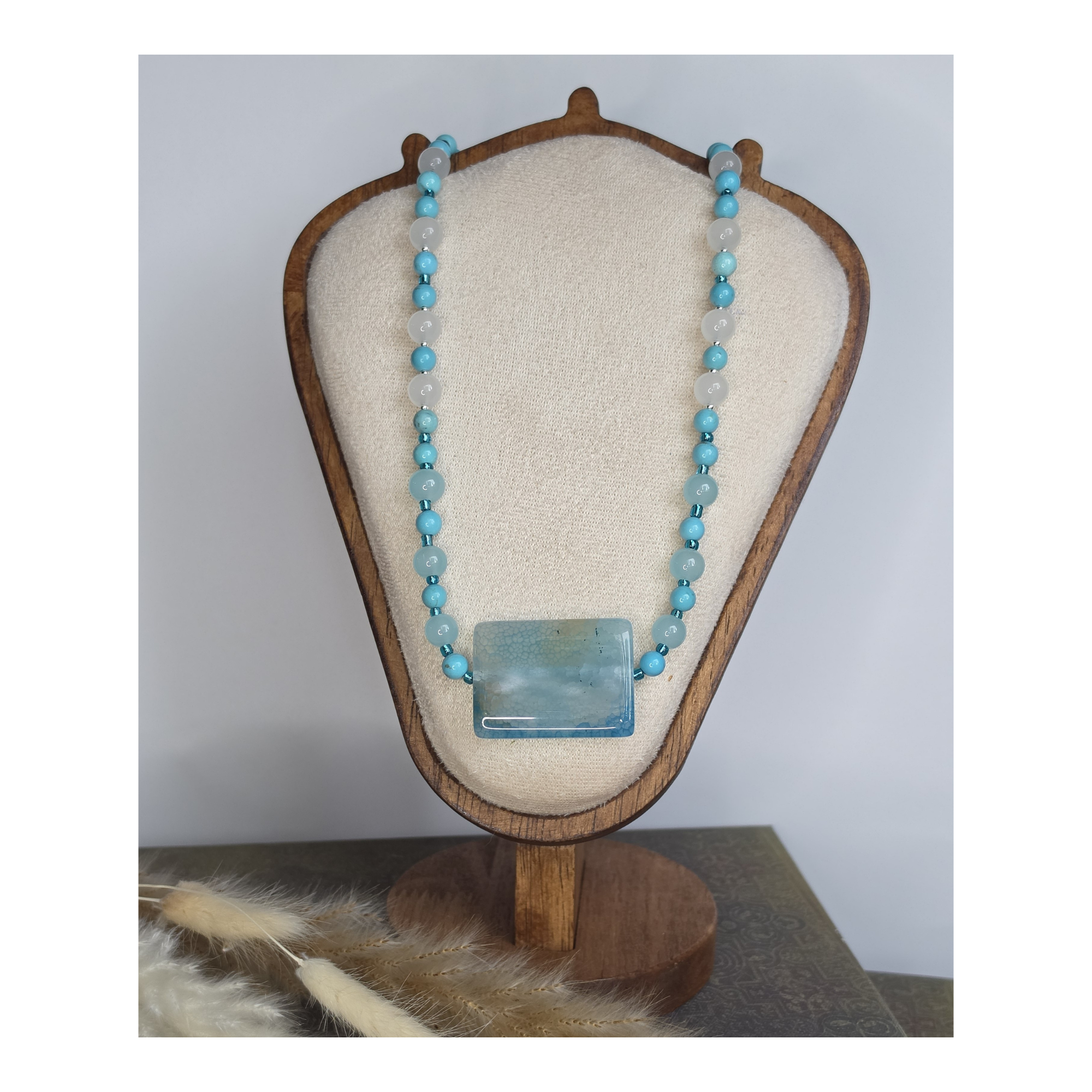 Aqua Dyed Fire Agate & Turquoise Glass Bead Statement Necklace