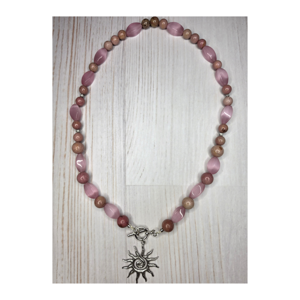 Pink Cat's Eye Twist & Rhodonite Necklace with Sun Charm
