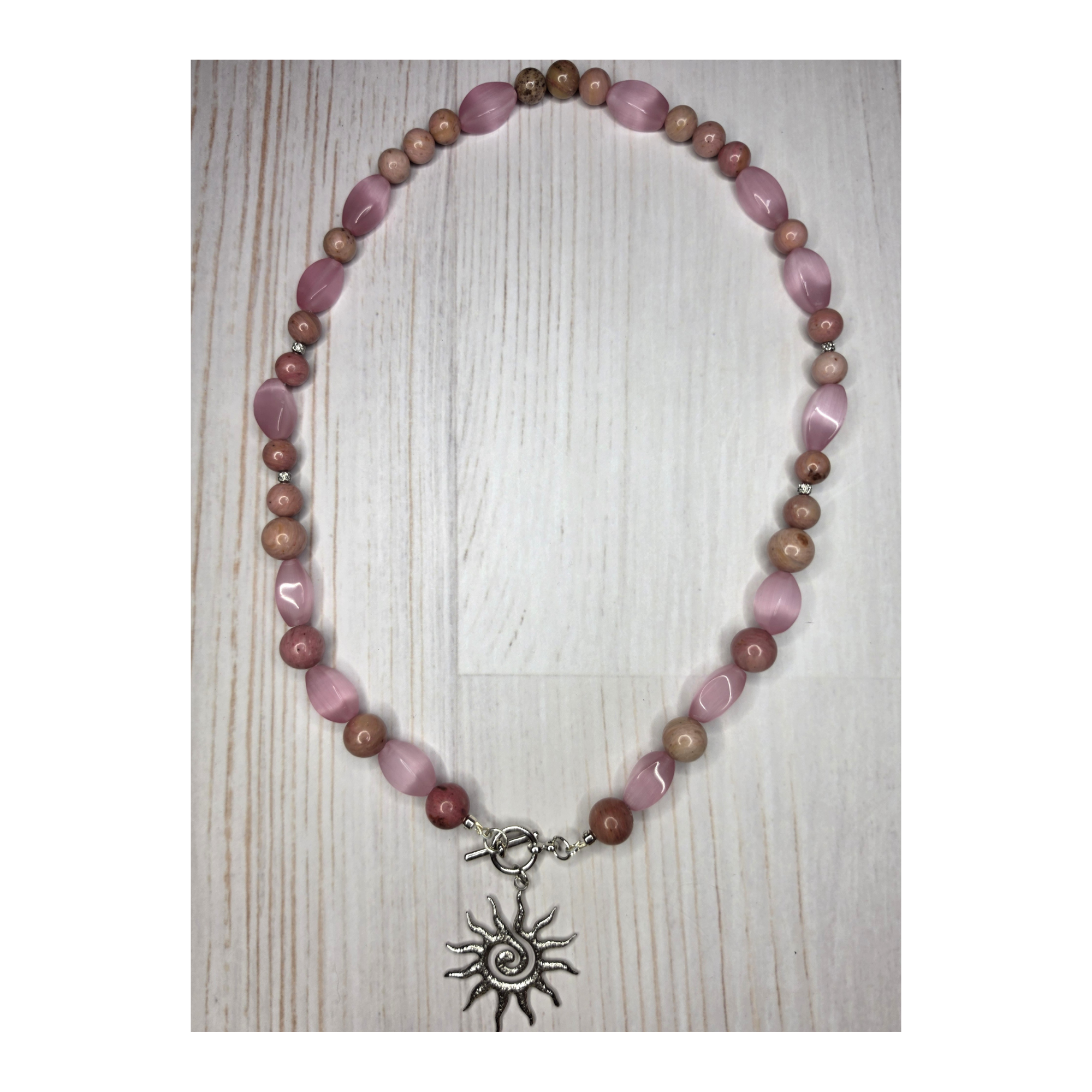 Pink Cat's Eye Twist & Rhodonite Necklace with Sun Charm