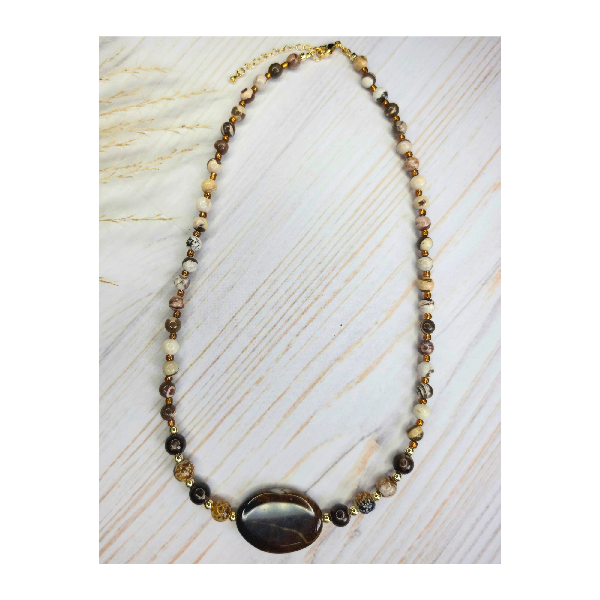 Australian Zebra Jasper & Brown Glass Beads with Brown Agate Focal Necklace