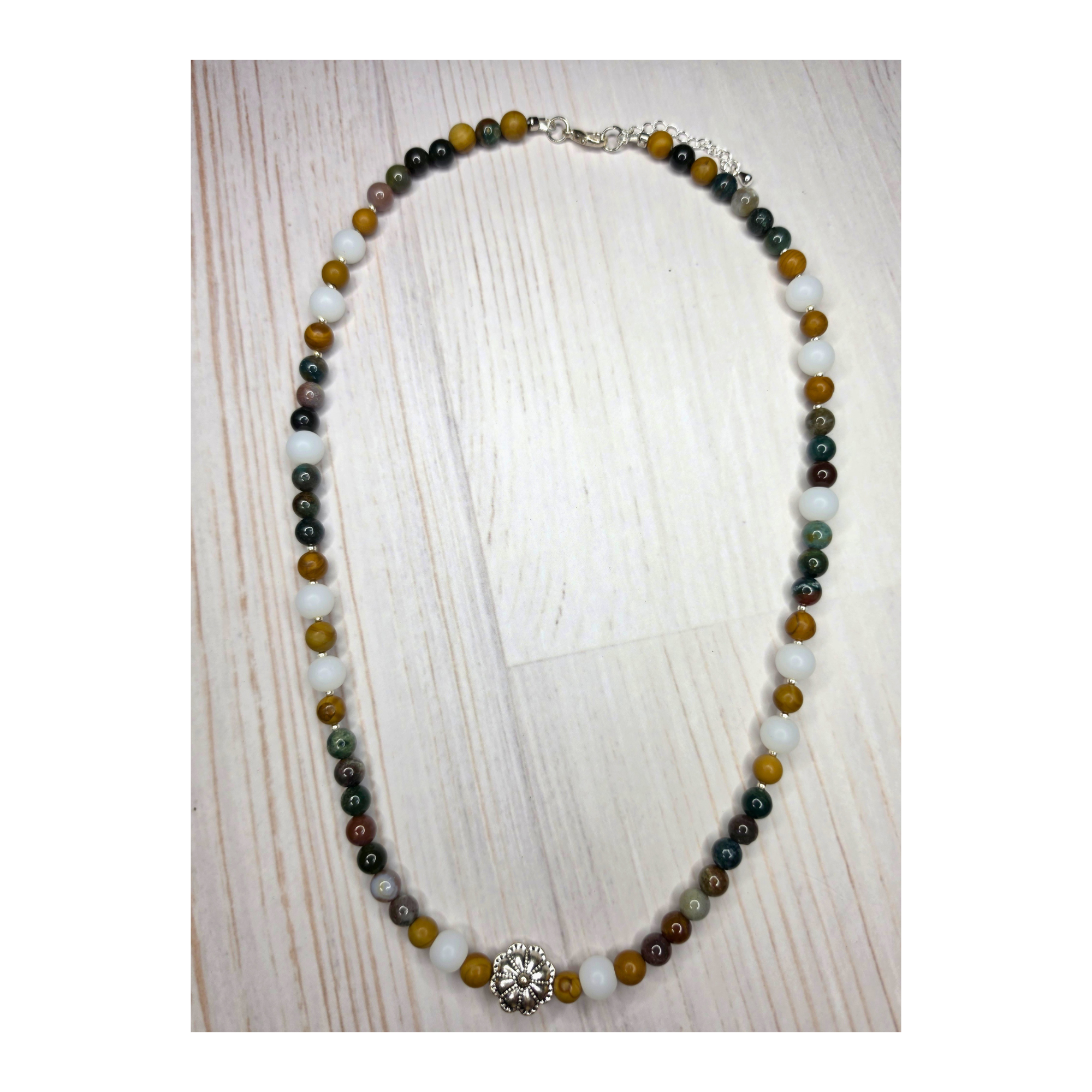 Indian Agate, Matte Glass & Woodgrain Bead Necklace