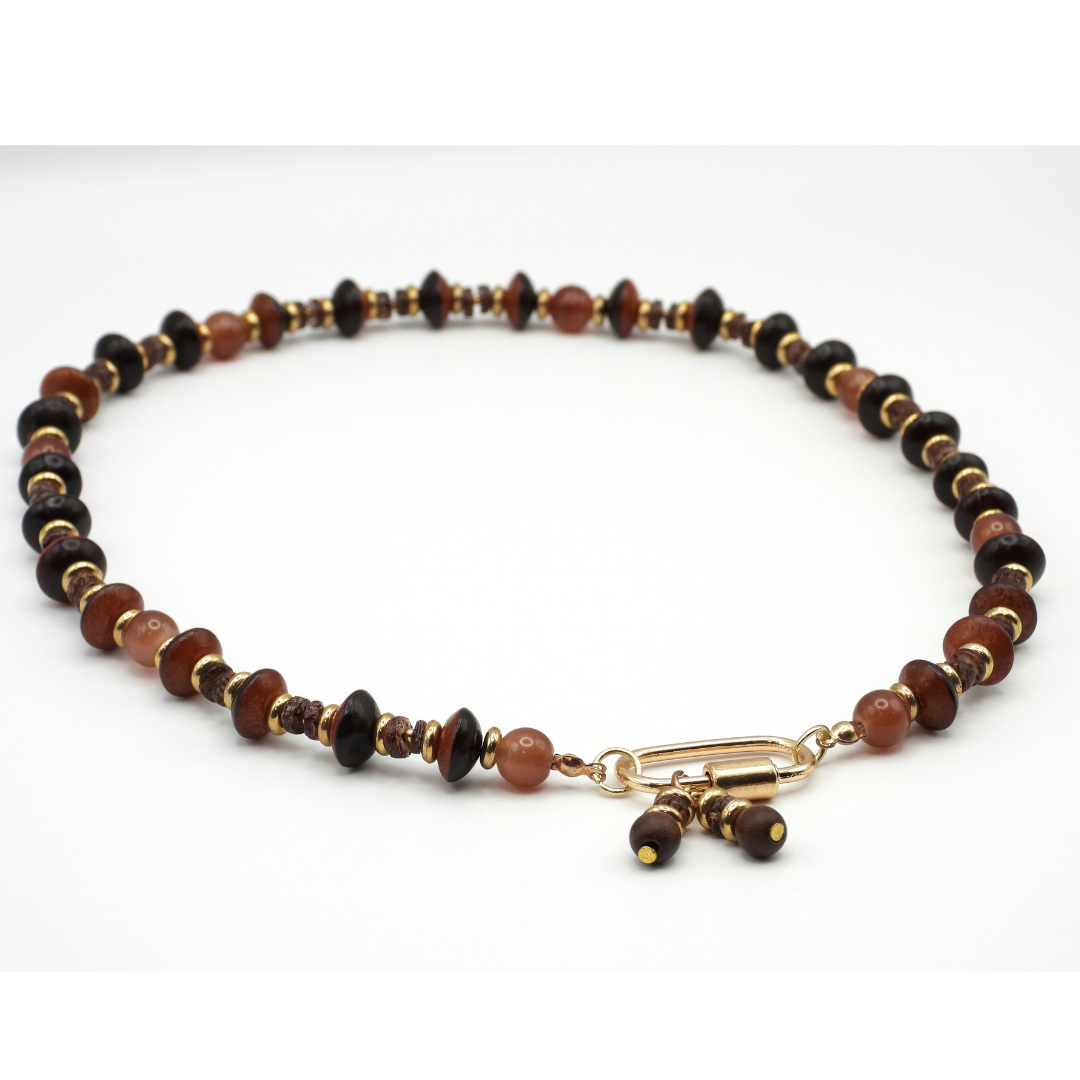 Natural Wood Bicone, Brown Glass & Heishi Shell Necklace