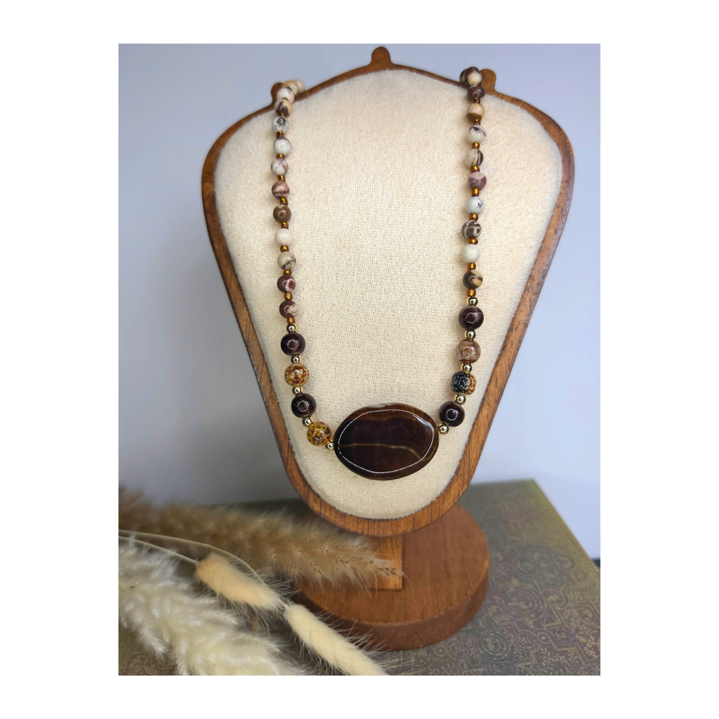Australian Zebra Jasper & Brown Glass Beads with Brown Agate Focal Necklace