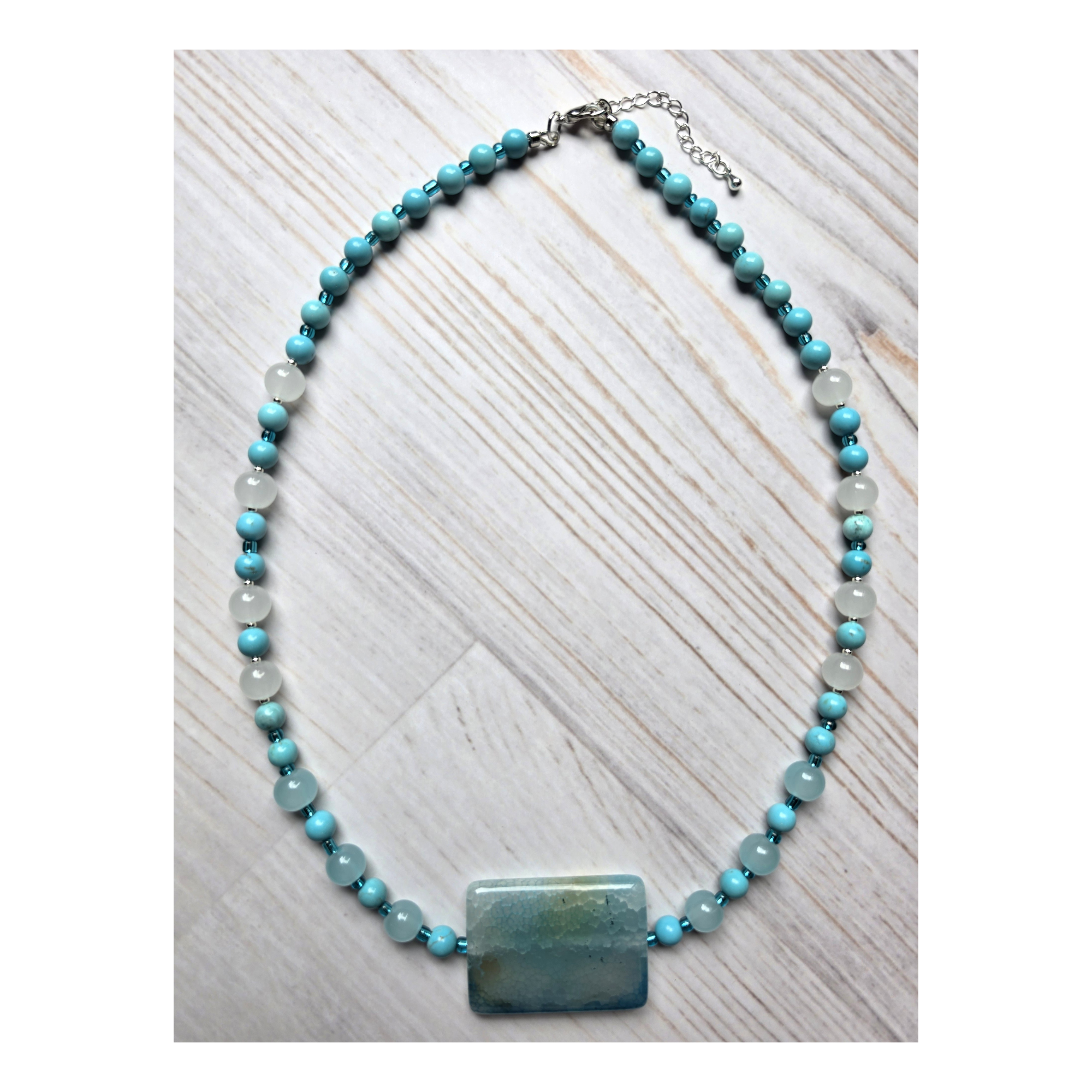 Aqua Dyed Fire Agate & Turquoise Glass Bead Statement Necklace