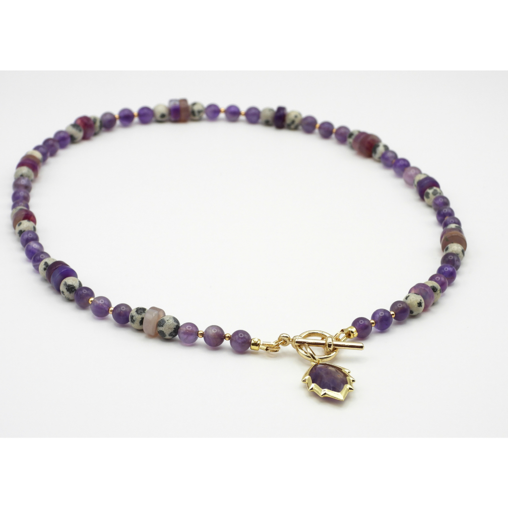 Amethyst Dalmatian Jasper & Agate Beaded Necklace with Amethyst Leaf Charm