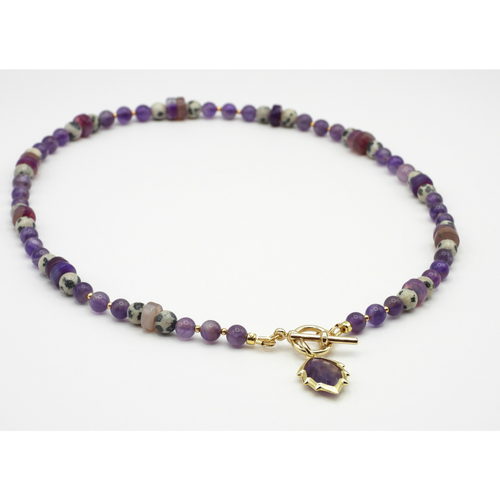 Amethyst Dalmatian Jasper & Agate Beaded Necklace with Amethyst Leaf Charm