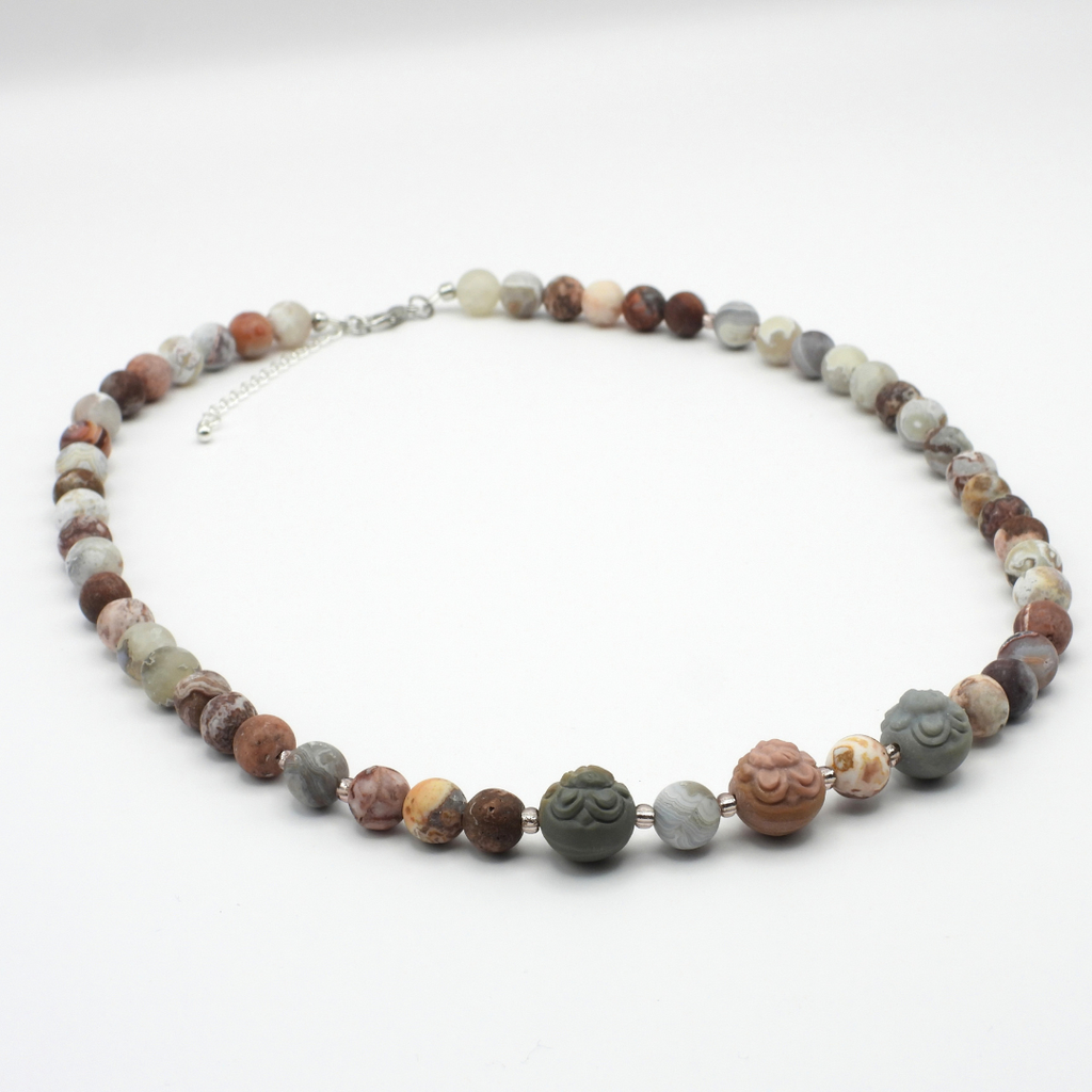 Matte Rosetta Lace Agate & Carved Alashan Agate Necklace