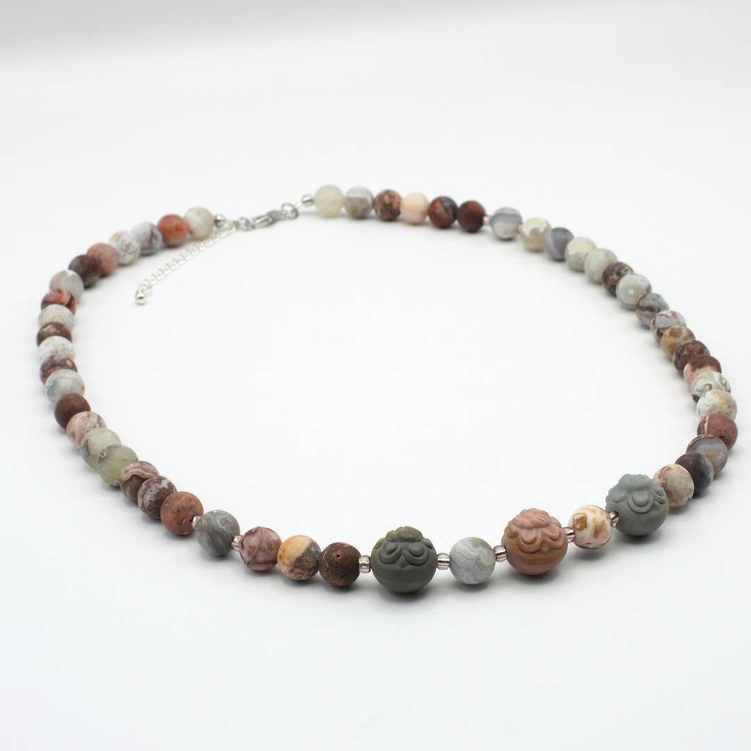 Matte Rosetta Lace Agate & Carved Alashan Agate Necklace