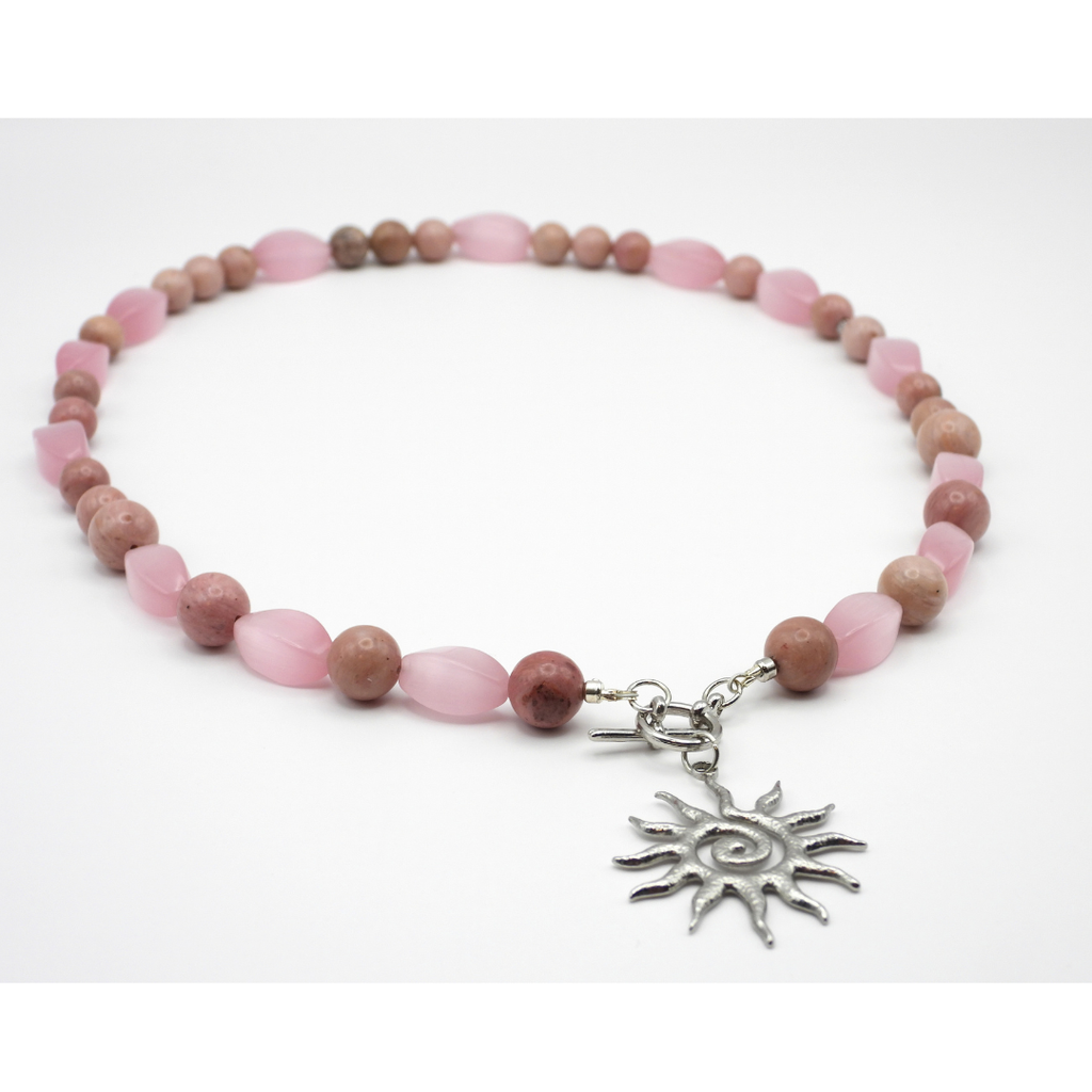 Pink Cat's Eye Twist & Rhodonite Necklace with Sun Charm