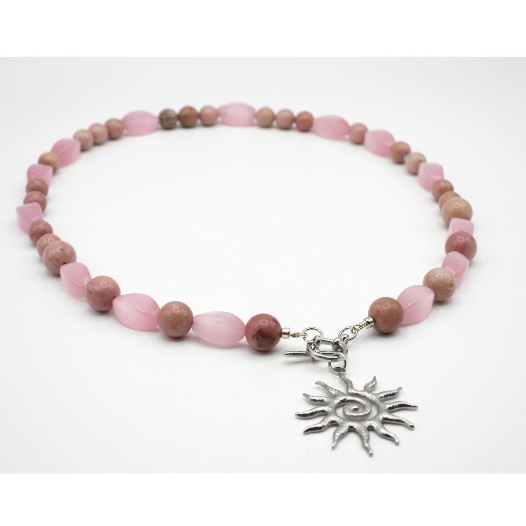 Pink Cat's Eye Twist & Rhodonite Necklace with Sun Charm