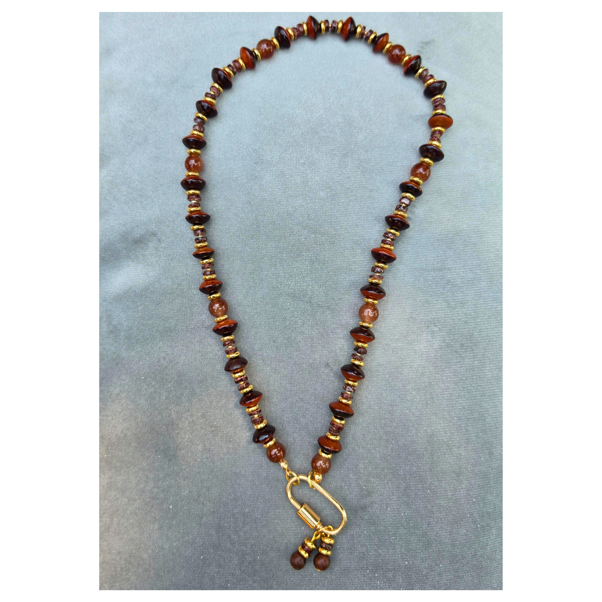 Natural Wood Bicone, Brown Glass & Heishi Shell Necklace