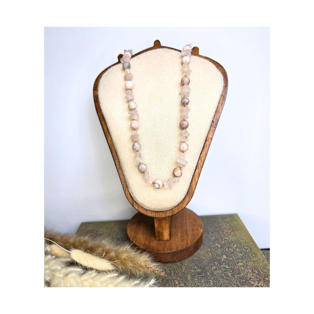 Pink Zebra Agate & Quartz Chip Beaded Necklace