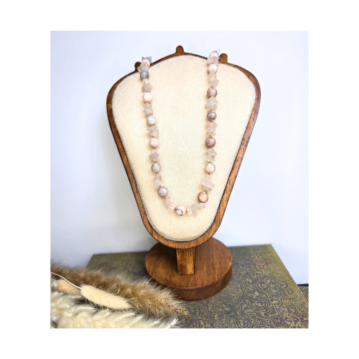 Pink Zebra Agate & Quartz Chip Beaded Necklace