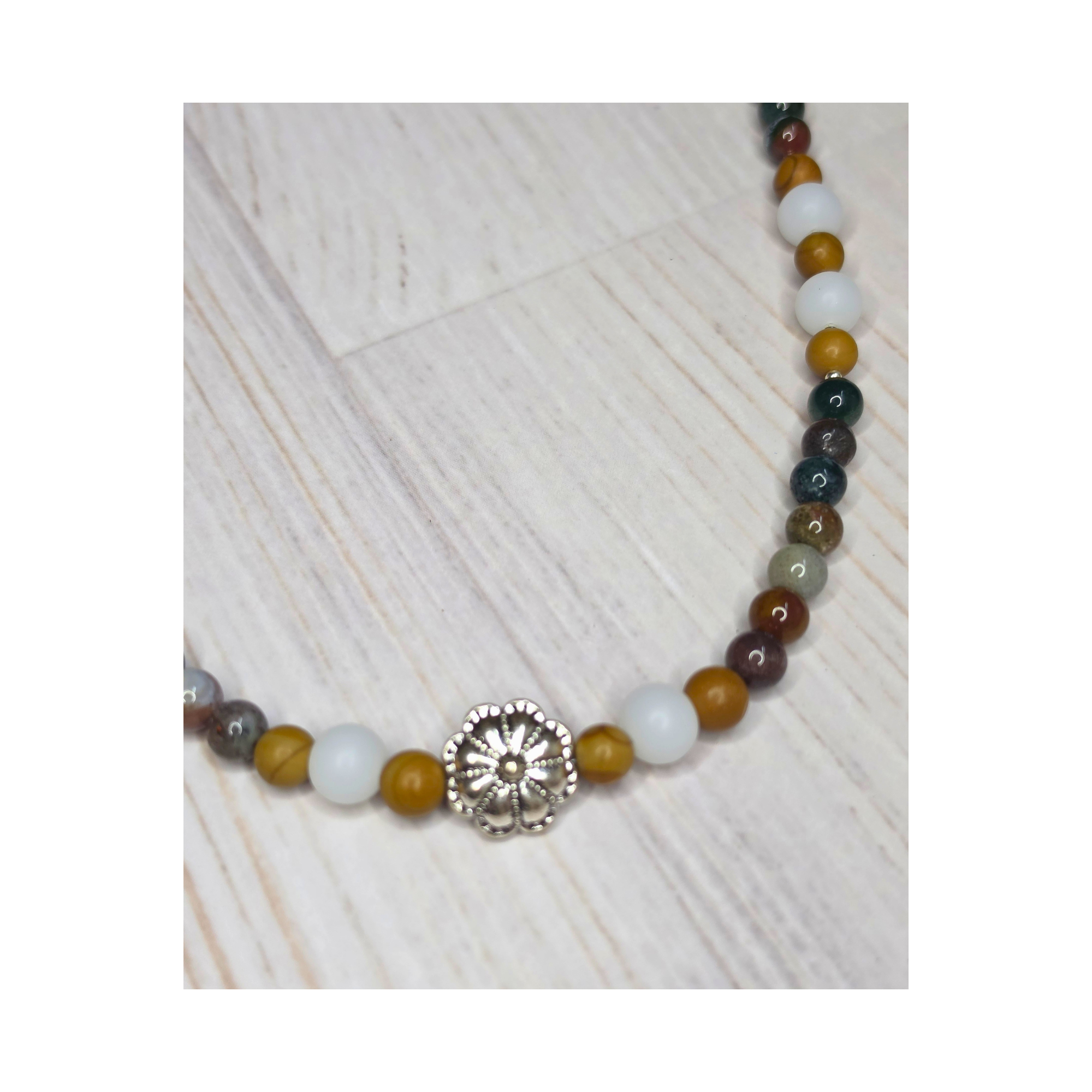 Indian Agate, Matte Glass & Woodgrain Bead Necklace