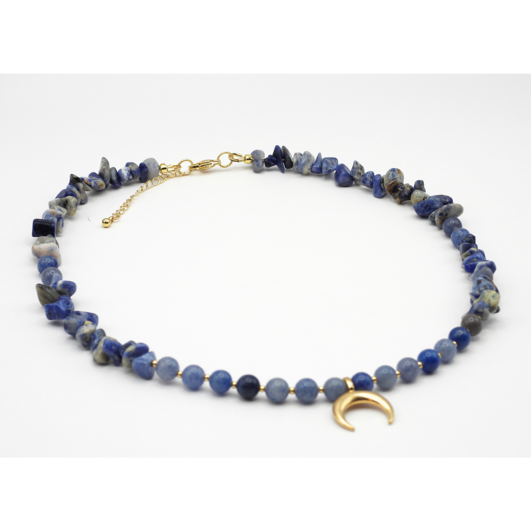 Blue Aventurine & Sodalite Chip Necklace with Gold Crescent Moon