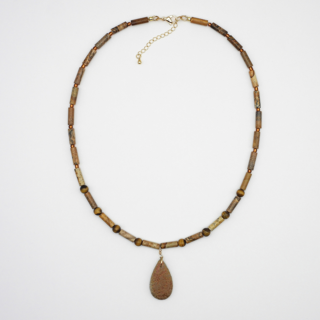 Picture Jasper & Tiger Eye Czech Glass Teardrop Necklace