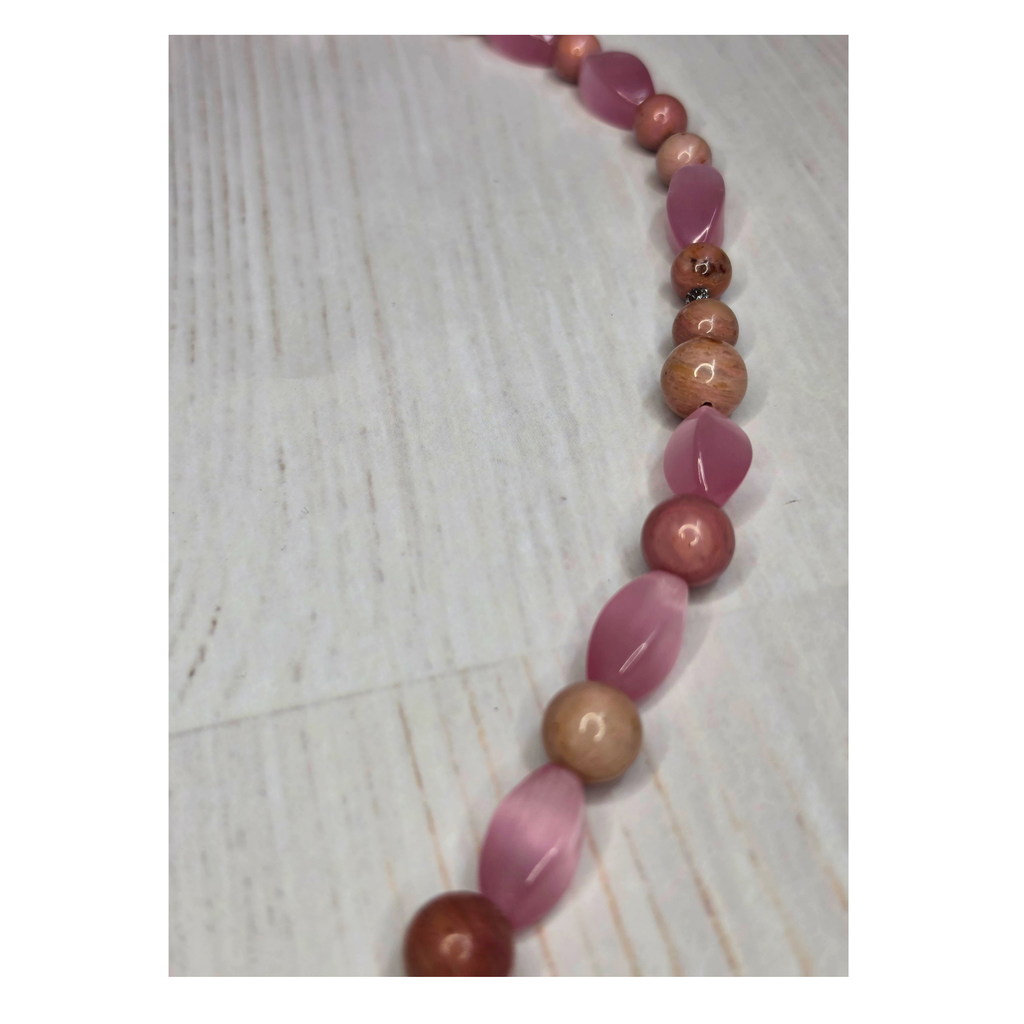 Pink Cat's Eye Twist & Rhodonite Necklace with Sun Charm