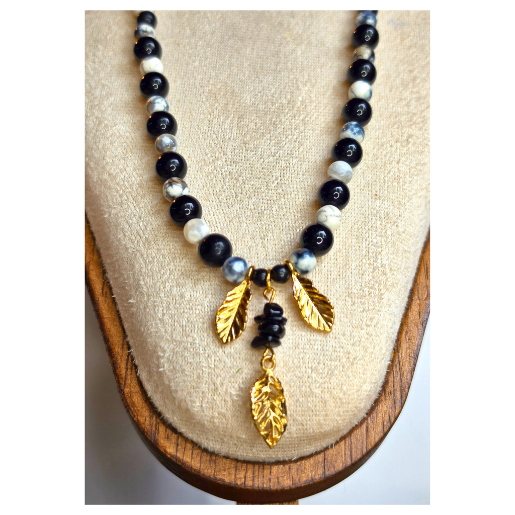 Obsidian & Map Jasper Beaded Necklace with Gold Leaf Charms