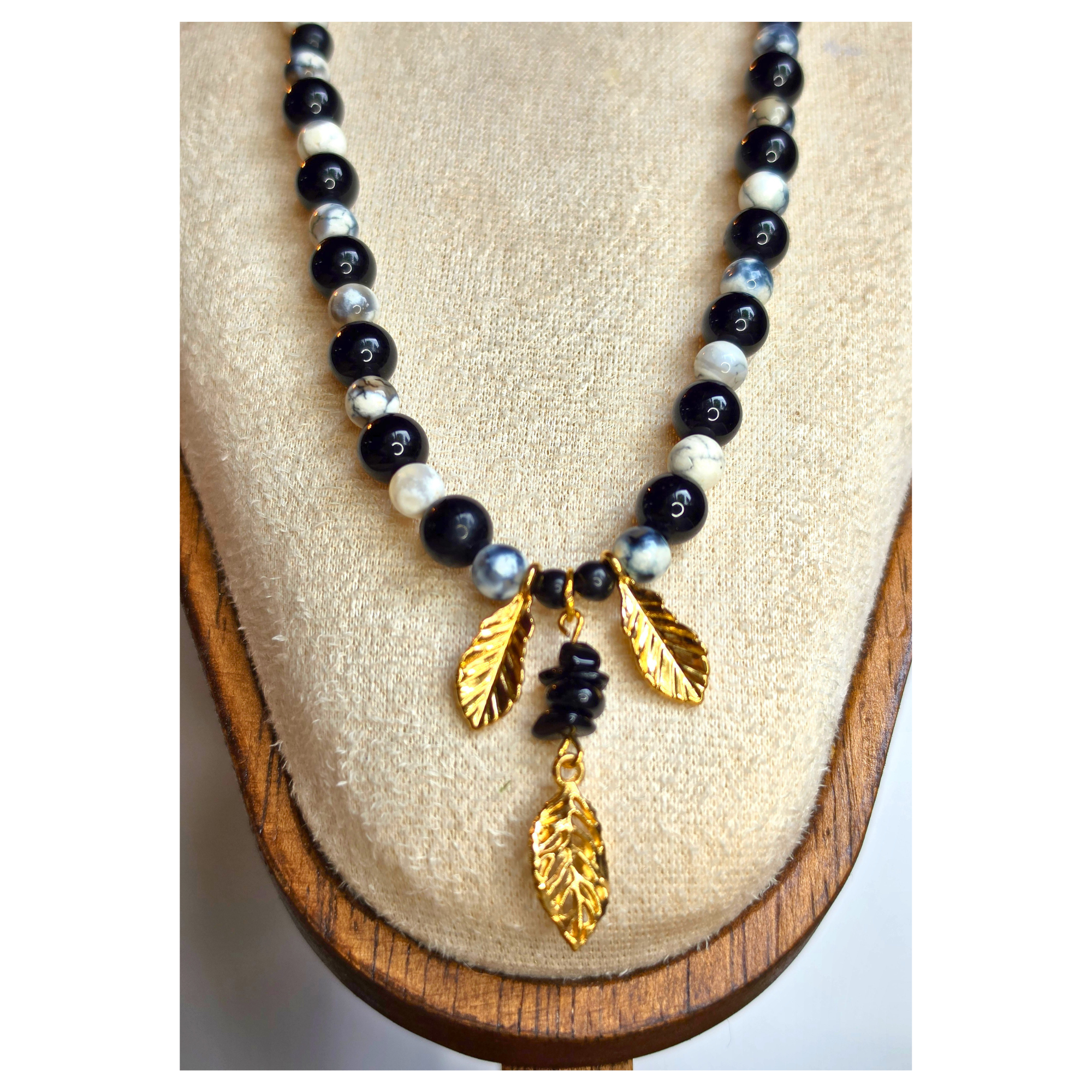 Obsidian & Map Jasper Beaded Necklace with Gold Leaf Charms