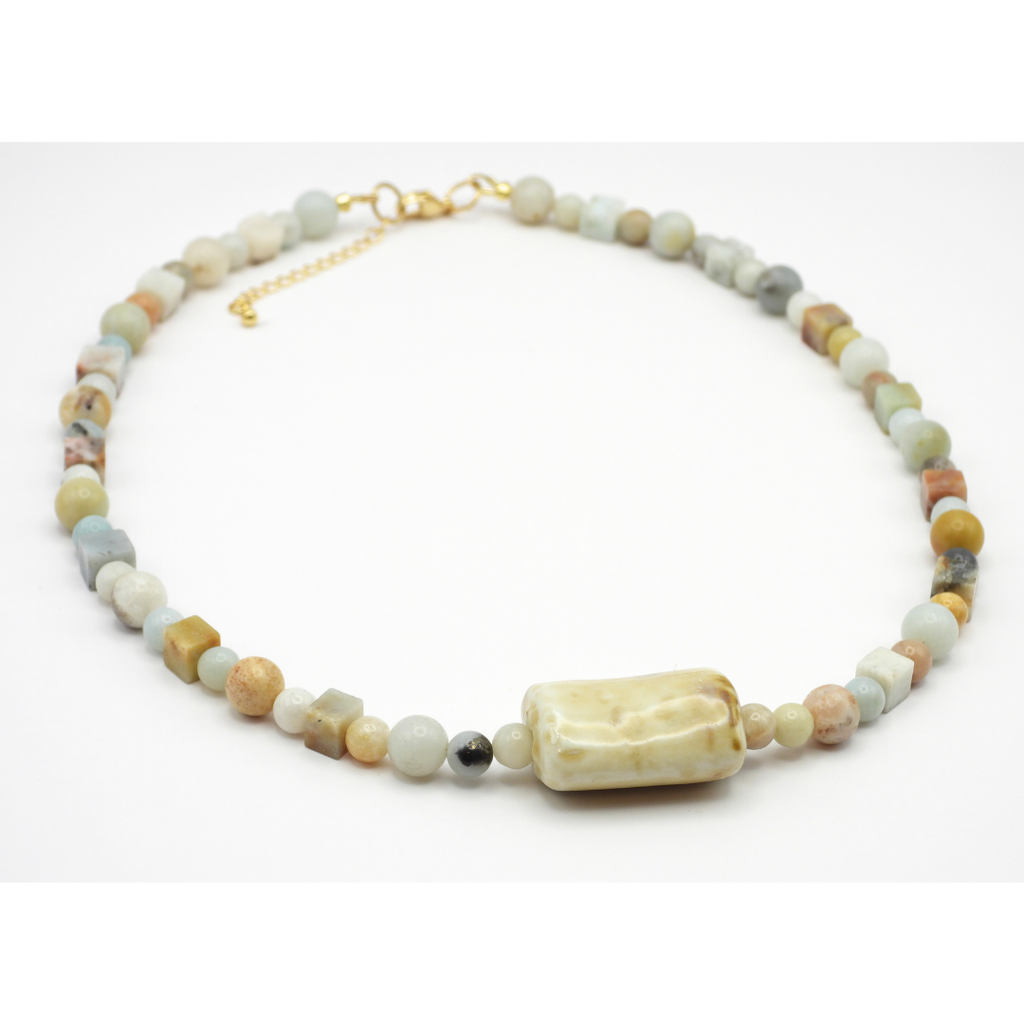 Amazonite Round & Cube Beaded Necklace with Ceramic Rectangle Puff Focal