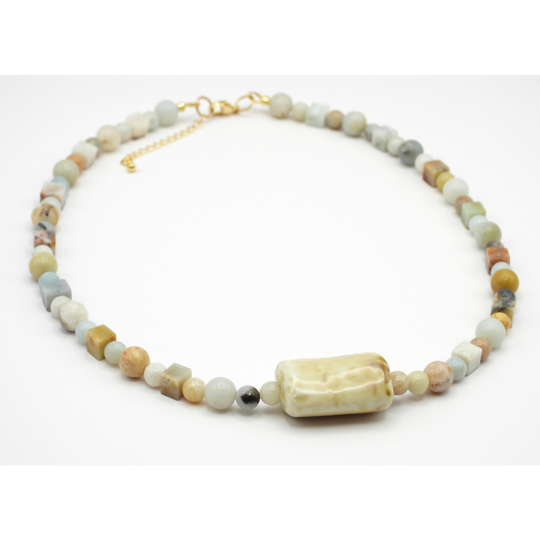 Amazonite Round & Cube Beaded Necklace with Ceramic Rectangle Puff Focal