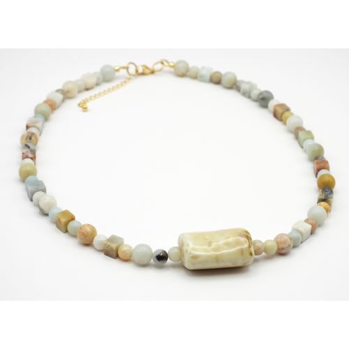 Amazonite Round & Cube Beaded Necklace with Ceramic Rectangle Puff Focal