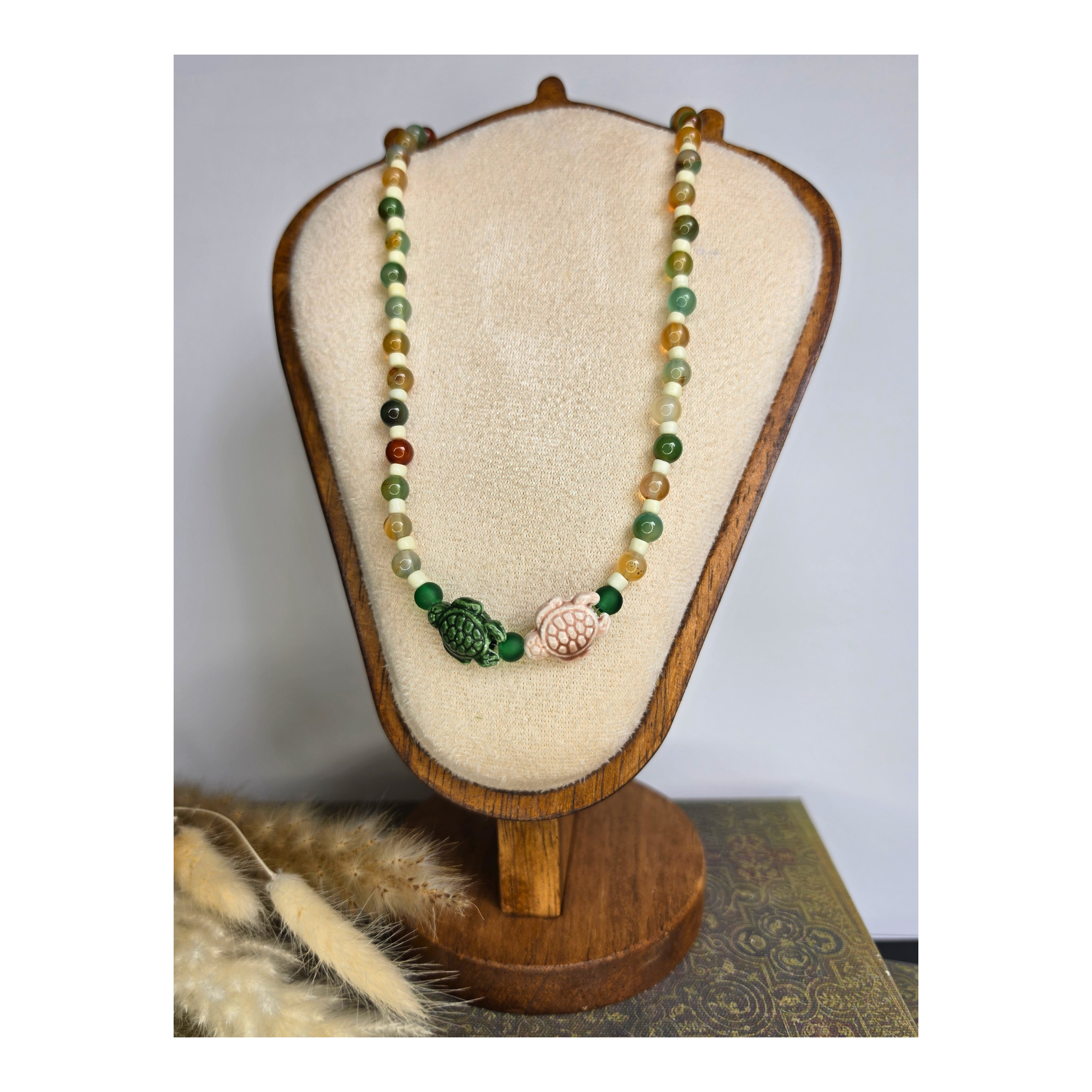 Peacock Agate & Green Glass Beaded Necklace with Ceramic Turtle Focal