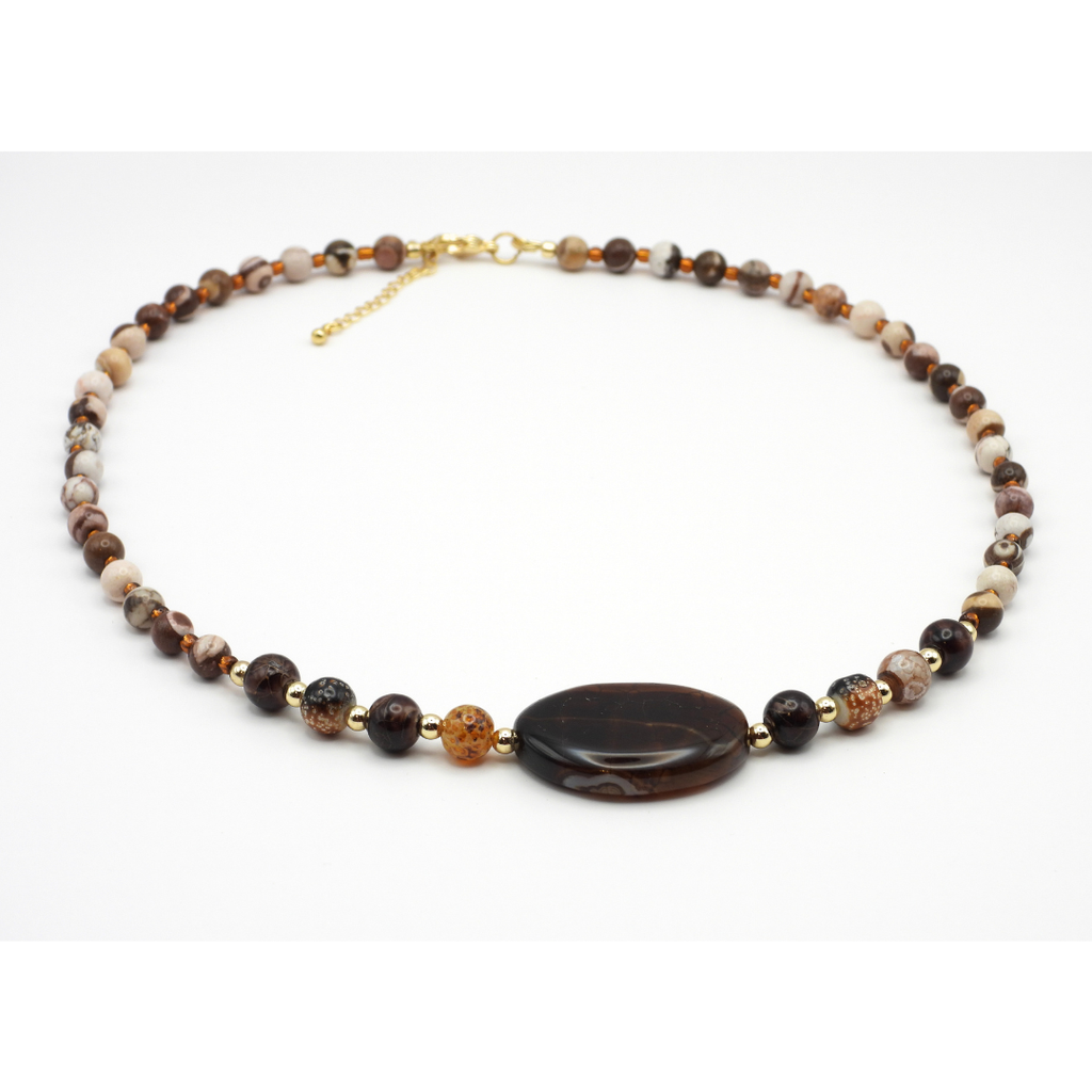 Australian Zebra Jasper & Brown Glass Beads with Brown Agate Focal Necklace