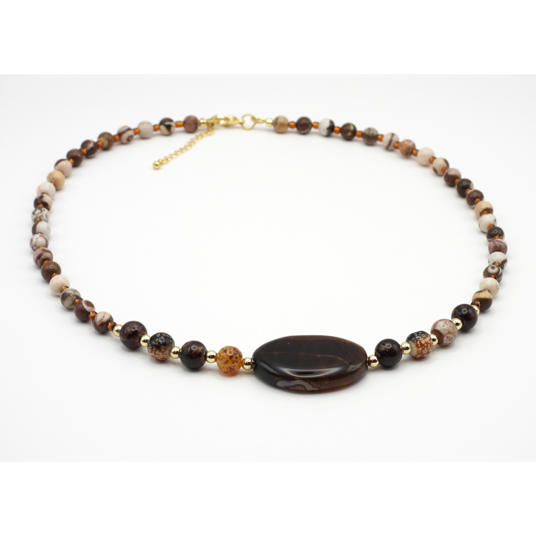 Australian Zebra Jasper & Brown Glass Beads with Brown Agate Focal Necklace