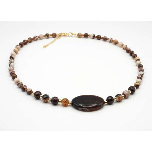 Australian Zebra Jasper & Brown Glass Beads with Brown Agate Focal Necklace
