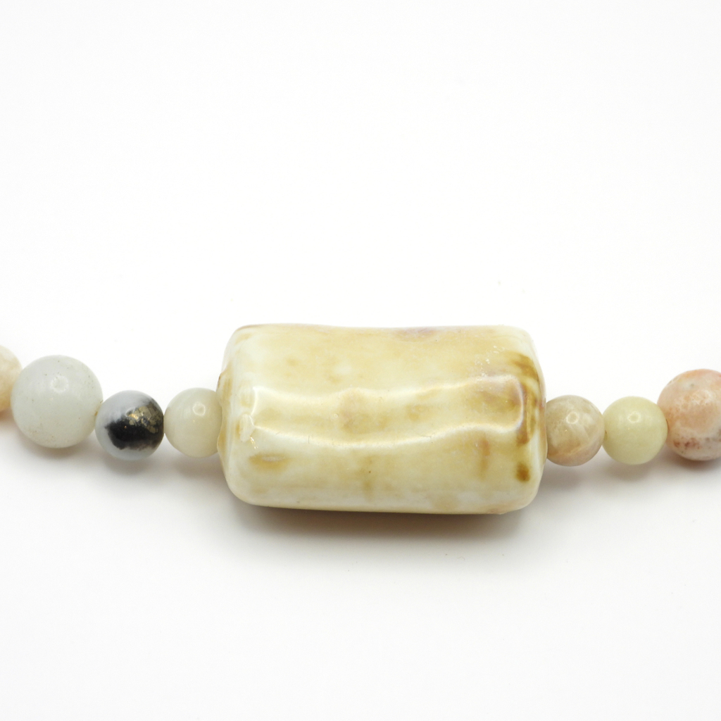 Amazonite Round & Cube Beaded Necklace with Ceramic Rectangle Puff Focal