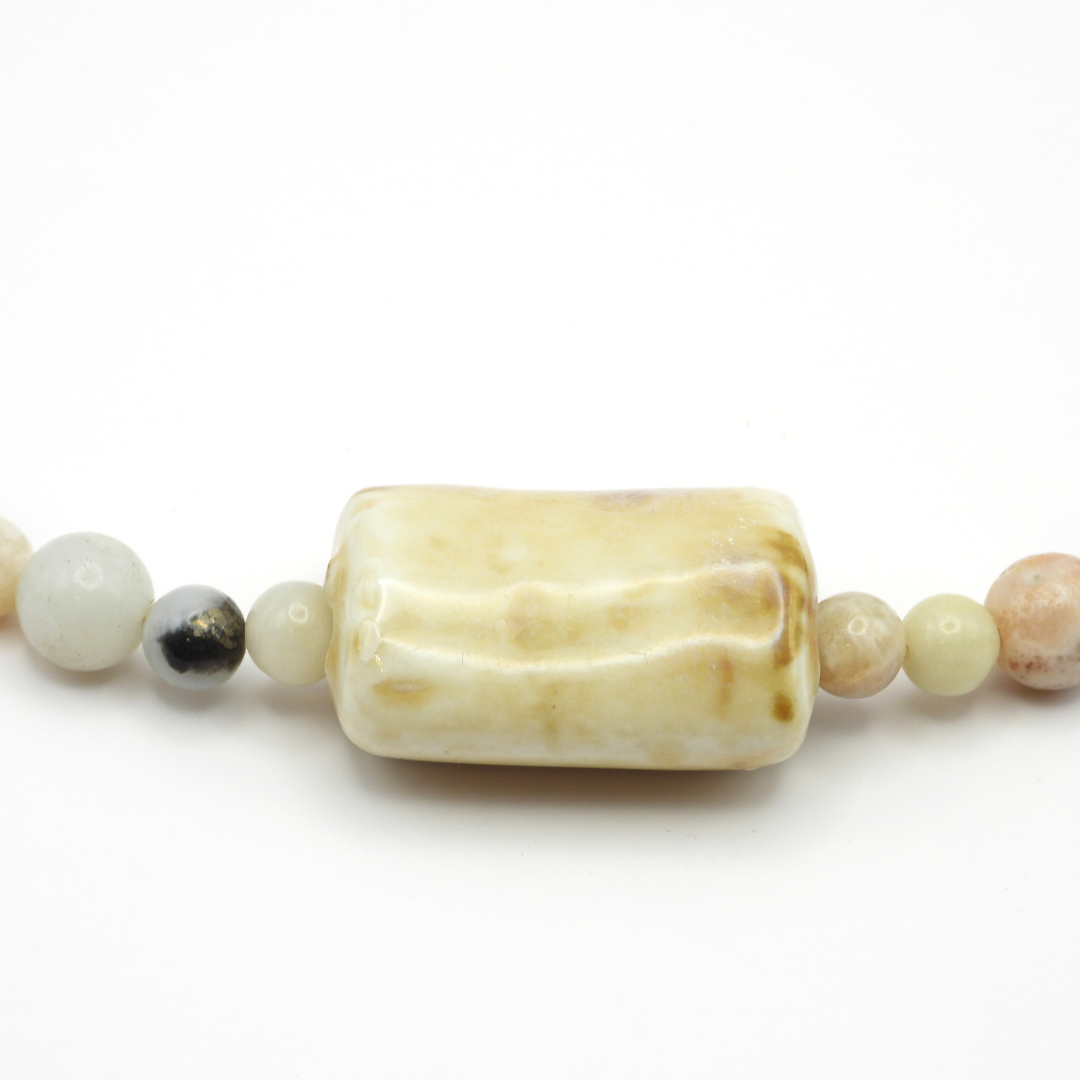 Amazonite Round & Cube Beaded Necklace with Ceramic Rectangle Puff Focal
